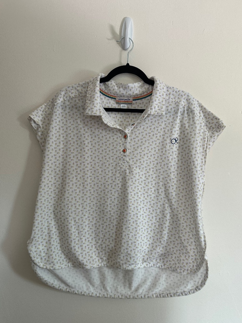 Vintage Ocean Pacific Short Sleeve Floral Collared Shirt, Rainbow Buttons, Lg